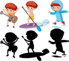 Set of a girl cartoon character doing different activities with its silhouette vector