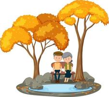 pareja de ancianos sentados en el parque con muchos árboles de otoño vector