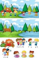 Park scene set with many kids doodle cartoon character isolated vector