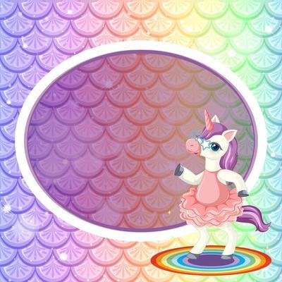 Oval frame template on pastel rainbow fish scales background with cute unicorn cartoon character