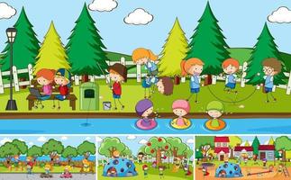 Outdoor scene set with many kids doodle cartoon character vector