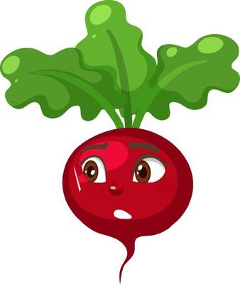 Radish cartoon character with shocked face expression on white background