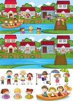 Conjunto de fondo de diferentes escenas horizontales con personaje de dibujos animados de niños doodle vector