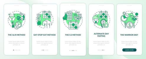 Intermittent fasting methods green onboarding mobile app page screen with concepts vector