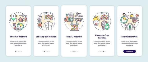 Intermittent fasting methods onboarding mobile app page screen with concepts vector