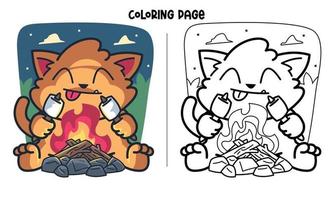 Cat Roasting Marshmallow In The Night Coloring Page vector