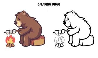 Bear Roasting Marshmallow Coloring Page vector