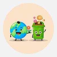 Cute mascot design earth and trash bin vector