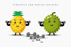 Cute pineapple and durian barbell exercises vector