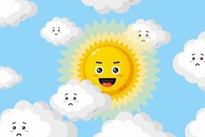 Illustration design of the sun with happy expressions and moody clouds vector