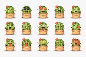 cute cactus in a pot with various expressions set vector