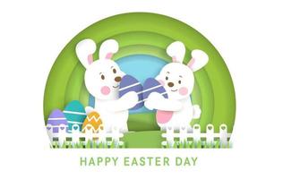 Easter day background and banner with  cute rabbiits and easter eggs. vector