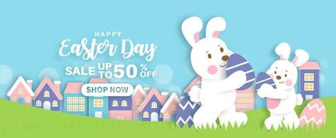 Easter day sale background and banner with  cute rabbiits and easter eggs. vector