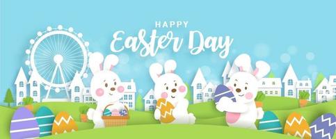 Easter day banner with  cute rabbiits and easter eggs. vector
