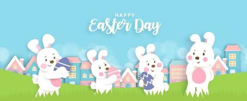 Easter day banner with  cute rabbits and easter eggs. vector