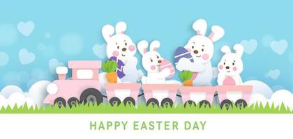 Easter day background and banner with  cute rabbiits and easter eggs. vector