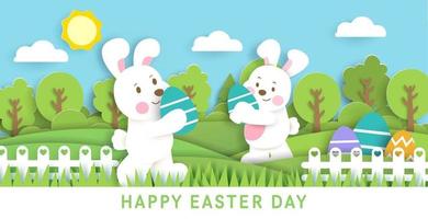 Easter day card with  cute rabbiits and easter eggs. vector