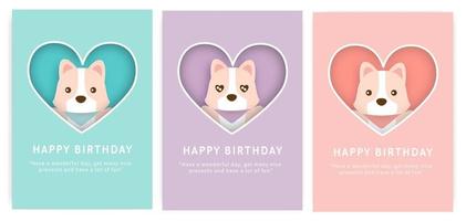 Set of birthday cards with cute corgi dog. vector