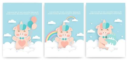 Set of baby shower cards with cute unicorn . vector