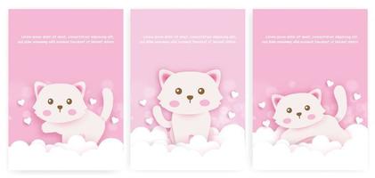 Set of baby shower cards and birthday cards with cute cat in paper cut style. vector