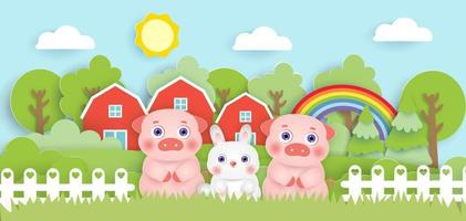 Scene with cute farm animals in the farm  paper cut style vector