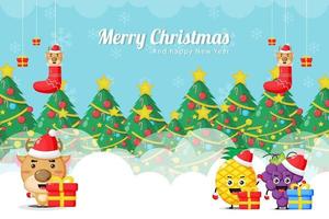 Christmas card with cute reindeer, pineapple and grape mascots in Christmas costumes vector
