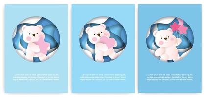 Set of greeting cards with cute teddy bear in pastel color. vector