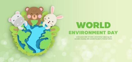 world environment day  banner with cute animals in paper cut style. vector