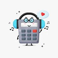 Cute calculator mascot listening to music vector