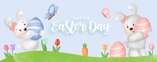 banner del día de pascua con lindos rabinos y huevos de pascua. vector