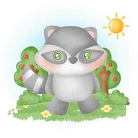 water color cute raccoon in the forest. vector