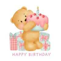 Cute teddy bear holding a cake for birthday card. vector