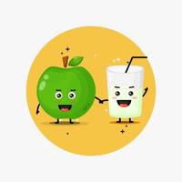 Cute green apple and green apple juice mascot holding hands vector