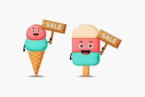 Cute ice cream is happy with the sales sign vector