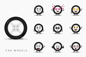 Cute car wheels mascot set vector