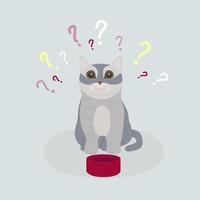 A sad and hungry cat sits near an empty bowl of food. vector
