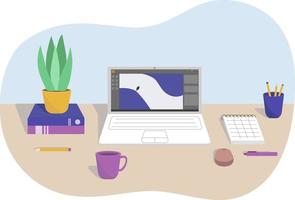 Flat illustration of a desktop in the office or a freelancer from home in an abstract bubble shape. vector