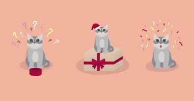 Illustration set of a gray British cat with different emotions. The cat is sitting on a gift box. Hungry cat with a bowl. Funny cat vector