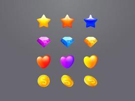 conjunto de iconos de interfaz de usuario de vector. diseño de icono de colección para juego, interfaz de usuario, banner, diseño de aplicación, interfaz, desarrollo de juegos. estrella, diamante, corazón, conjunto de iconos de moneda vector