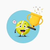 Cute tennis ball mascot lifts the trophy vector