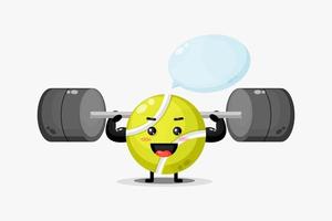 Cute tennis ball mascot raises a barbell vector