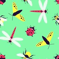 Close-up seamless pattern with insects - butterfly, bumblebee, dragonfly, ladybug on a green background vector