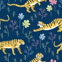 Seamless pattern with tiger poses. Striped tiger on a background of plants with grass and leaves vector