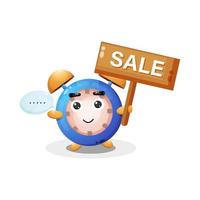 Cute alarm clock mascot with the sales sign vector