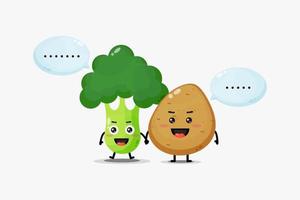 Cute broccoli and potato mascot holding hands vector