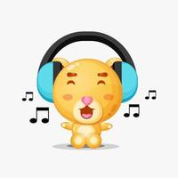 Cute bear mascot listening to music vector
