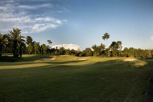 Beautiful natural scenery wide green grass and lots of trees photo