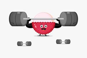 Cute lychee mascot lifting a barbell vector