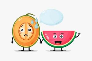 Cute melon and watermelon mascot holding hands vector