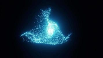 abstrakte Bewegung von leuchtend blauen Neonpartikeln, die ein futuristisches Hologramm bilden